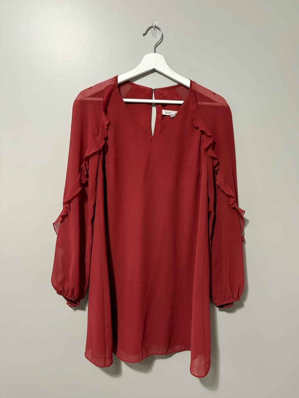 BCBGeneration Ruffle Trimmed Long Sleeve Chiffon Blouse Auburn